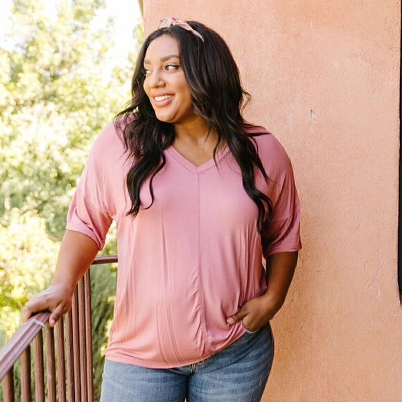 143 Story Dusty Rose V-Neck Top w/ Stitch Detail - Picture 3 of 4